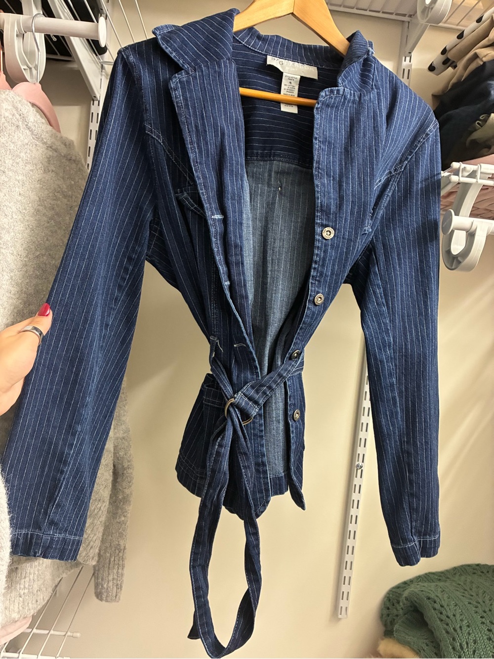 Sag Harbor Navy Pinstripe Belted Blazer